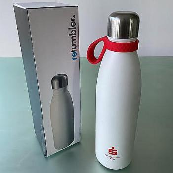 Isolierflasche Thermoflasche NIZZA weiß mit KSK-Logo rot, mit Silikonschlaufe am Flaschenhals 

Trinkflasche