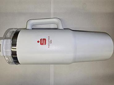 SteelCup weiß mit Logo - Getränkebecher mit Strohhalm